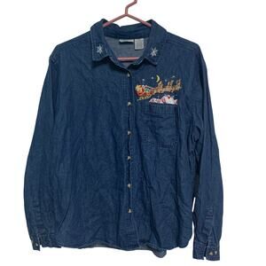 Cabin Creek Vintage Women's Denim Cotton Embroidered Santa's Sleigh Button Up